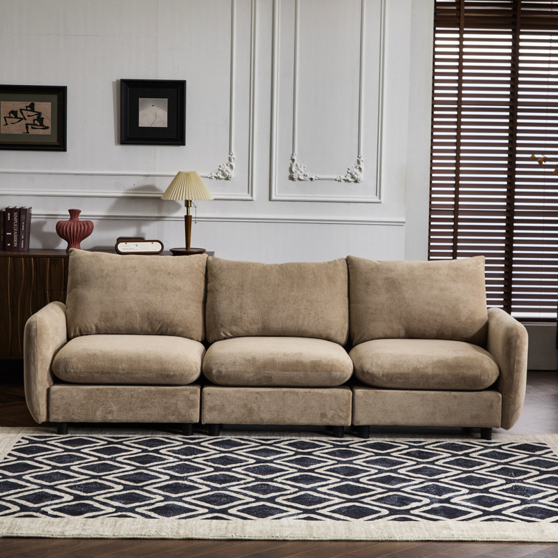 Canapé d'angle modulable 3 places en velours avec structure et ressorts de soutien, idéal pour les moments en famille, couleur camel, modulable jusqu'à 251 cm (99 pouces), en eucalyptus, assise confortable, design nomade, 3 places