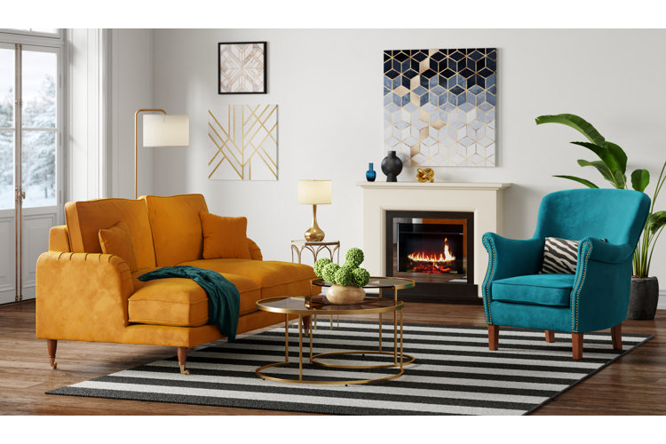 modern living room with yellow loveseat and teal accent chair