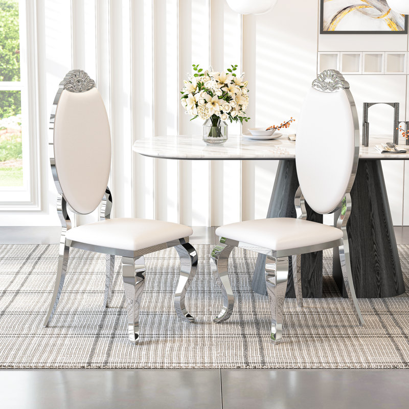 Kamien Solid Back Side Chair Dining Chair With Stainless Steel Legs, Silver, White