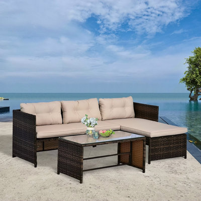Outsunny 3 Piece Patio Furniture Set, Rattan Outdoor Sofa Set With Chaise Lounge & Loveseat, Soft Cushions, Tempered Glass Table, L-Shaped Sectional Couch