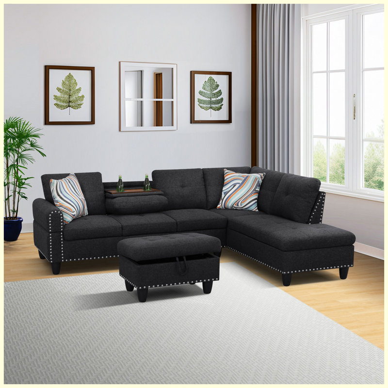 Canapé modulaire en L noir faisant face à la droite avec porte-gobelets intégré, mobilier de salon modulaire