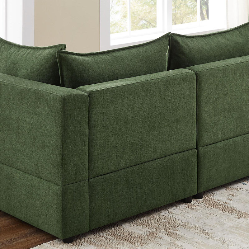 Upholstered U-Shaped Sectional with Ottoman Reversible, Olive Green Polyester