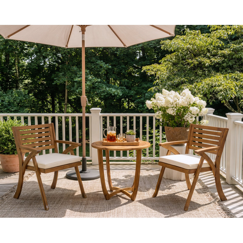 Solid Acacia Wood 3-Piece Outdoor Patio Bistro Dining Set, Teak Frame/Cream Cushion