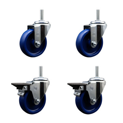 4 Inch_Solid Poly Wheel Swivel 5/8 Inch Threaded Stem Caster Set 2 Brakes