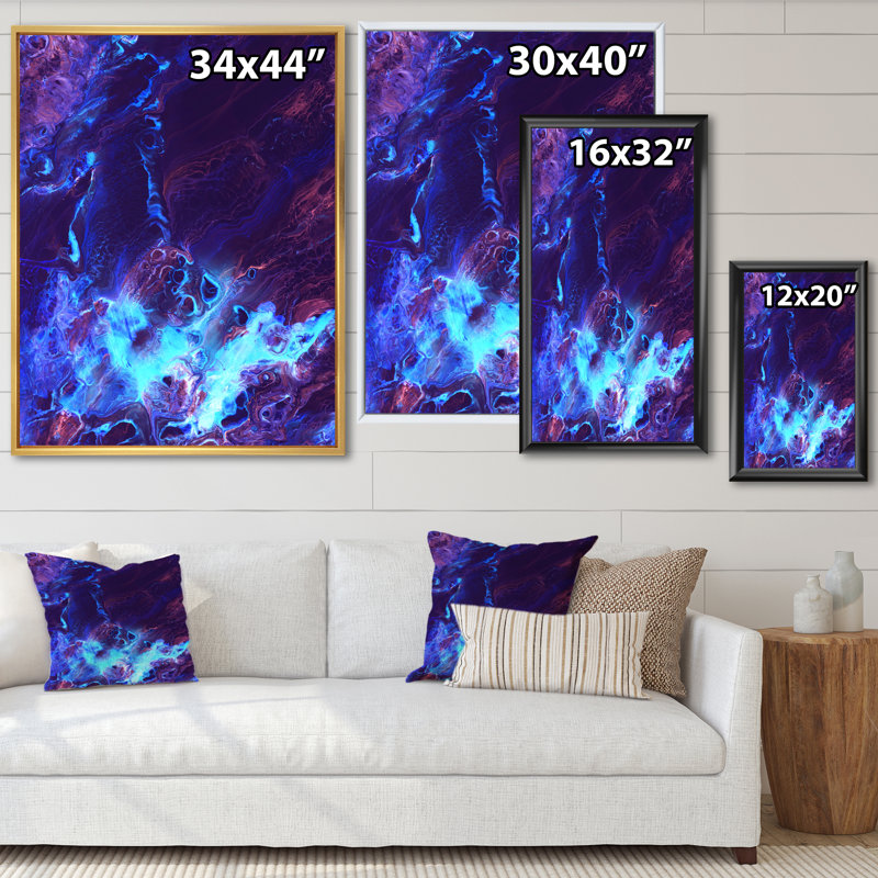 Art liquide néon en mauve et bleu - reproduction sur toile, H 32 po x l 24 po, Cadre flottant en érable