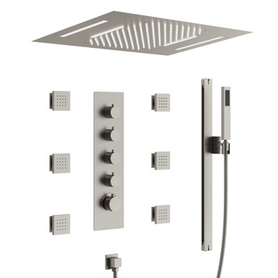 Système de douche thermostatique à DEL de 23 po à montage au plafond avec effet pluie et cascade, jets corporels et douchette à main