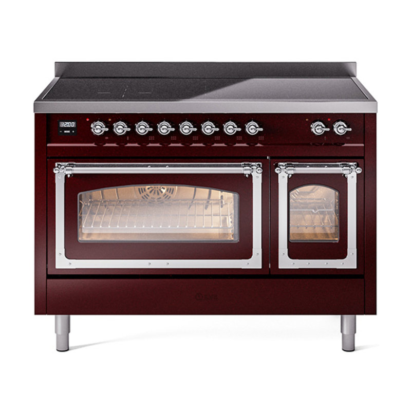ILVE Nostalgie II Noblesse 48 in Induction Range, 6 Induction Elements (Glass Door), Burgundy/Chrome