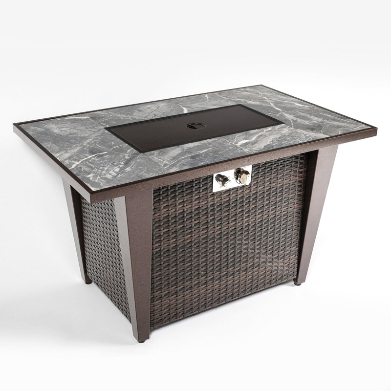 Rattan Fire Pit Table With Ceramic Tile Tabletop, Glass Wind Guard And Rain Cover, Lid