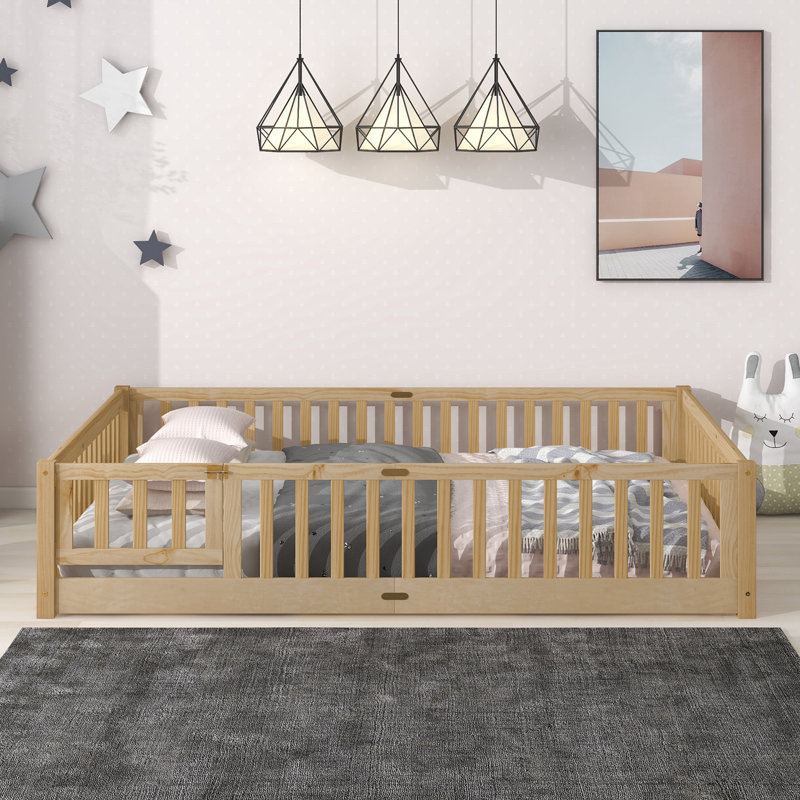 Lit plateforme avec barrière de sécurité et porte Kobey, Naturel