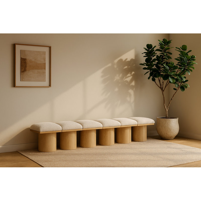 Banc rembourré Horatia, Tissu crème bouclé, Naturel, H 17,5 po x l 93 po x P 18 po