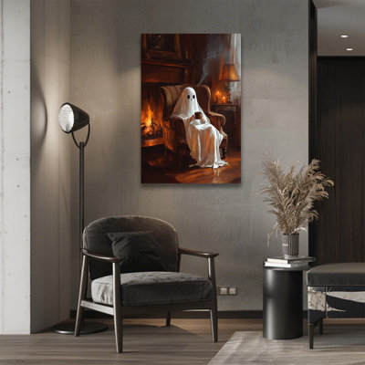 Funny Halloween Poster Elegant Ghost Drinking Tea Wall Art Decor Dark Romantic Ghost Drinking Coffee Art Prints Creepy Dark Academia Wall Canvas for Home School Office Decor
