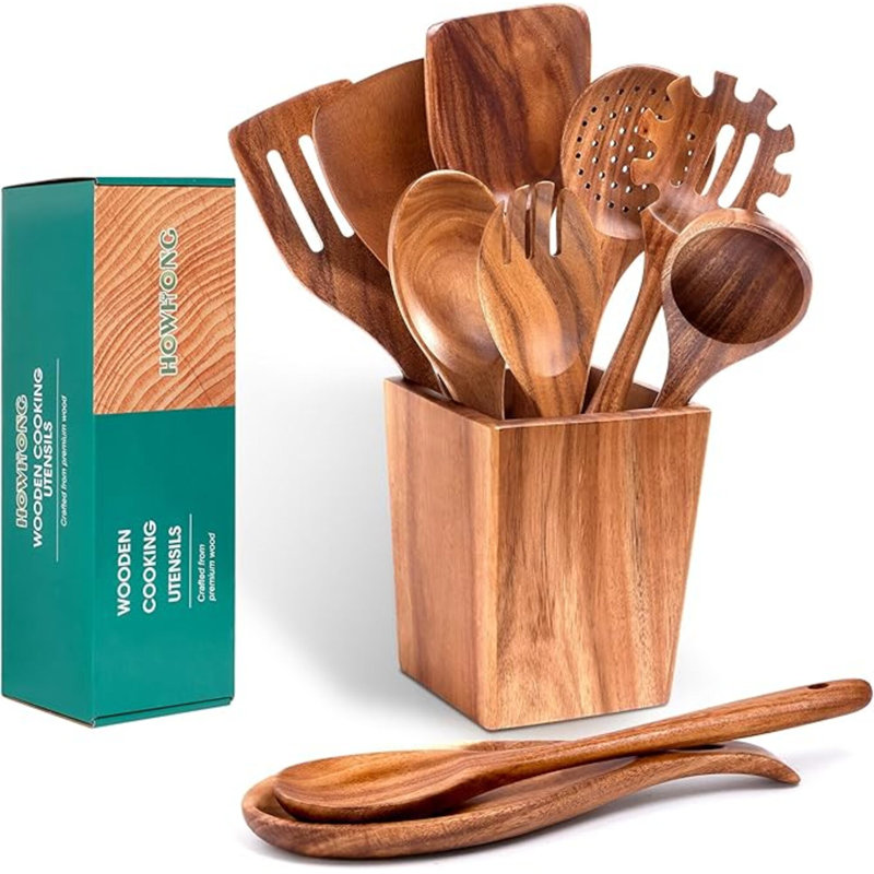 Cuillères en bois pour la cuisine, ensemble d'ustensiles de cuisine en bois d'acacia - 11 ustensiles de cuisine en bois avec support, support de cuillère, batterie de cuisine antiadhésive