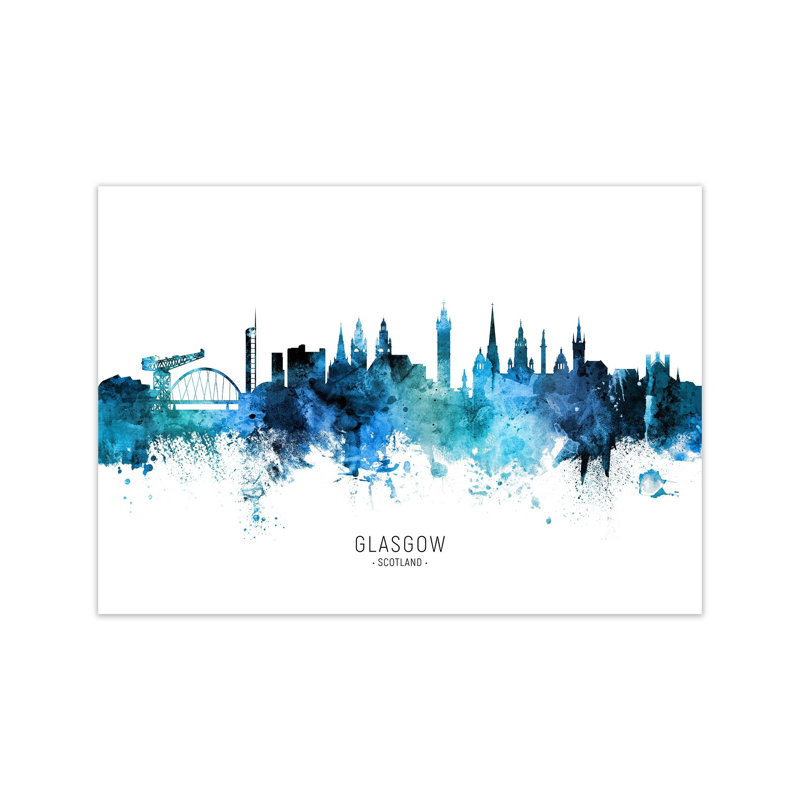 Glasgow Scotland Skyline Blue City Name by Michael Tompsett - Print, Unframed, 60cm H x 84cm W x 1cm D