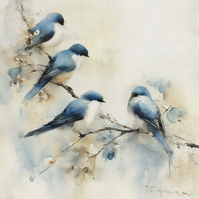 Cherry Bloom Quartet – Birds in Soft Florals, 40" H x 40" W