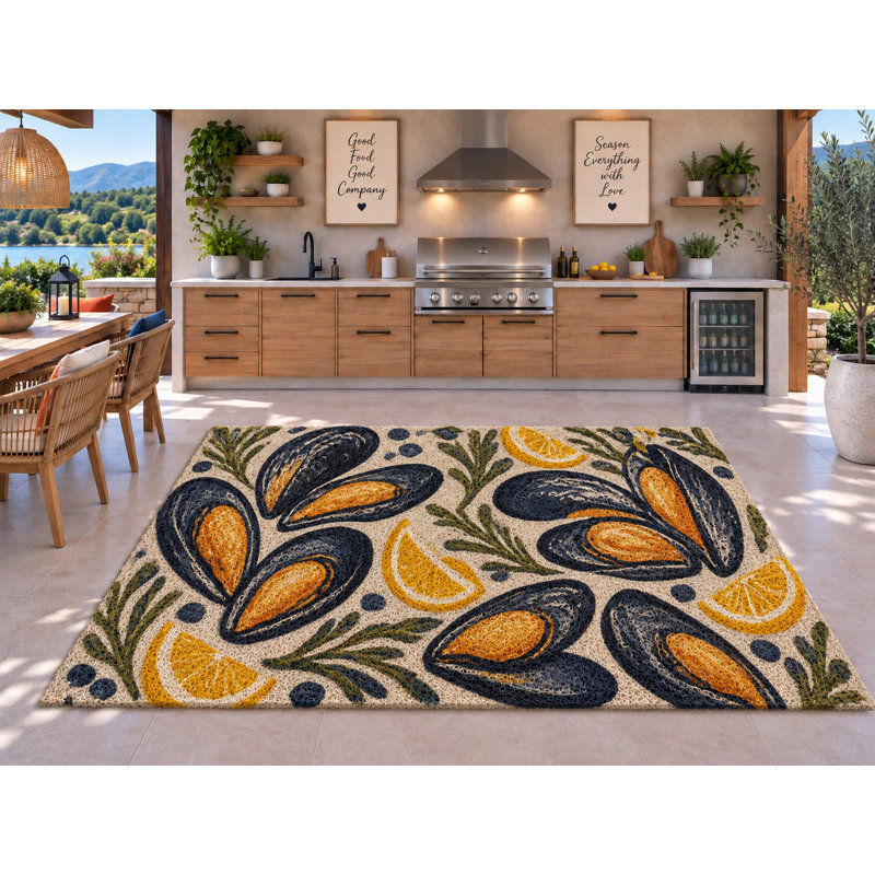 Tapis d'extérieur 5 pi x 7 pi Mussels Lemon Coastal Art