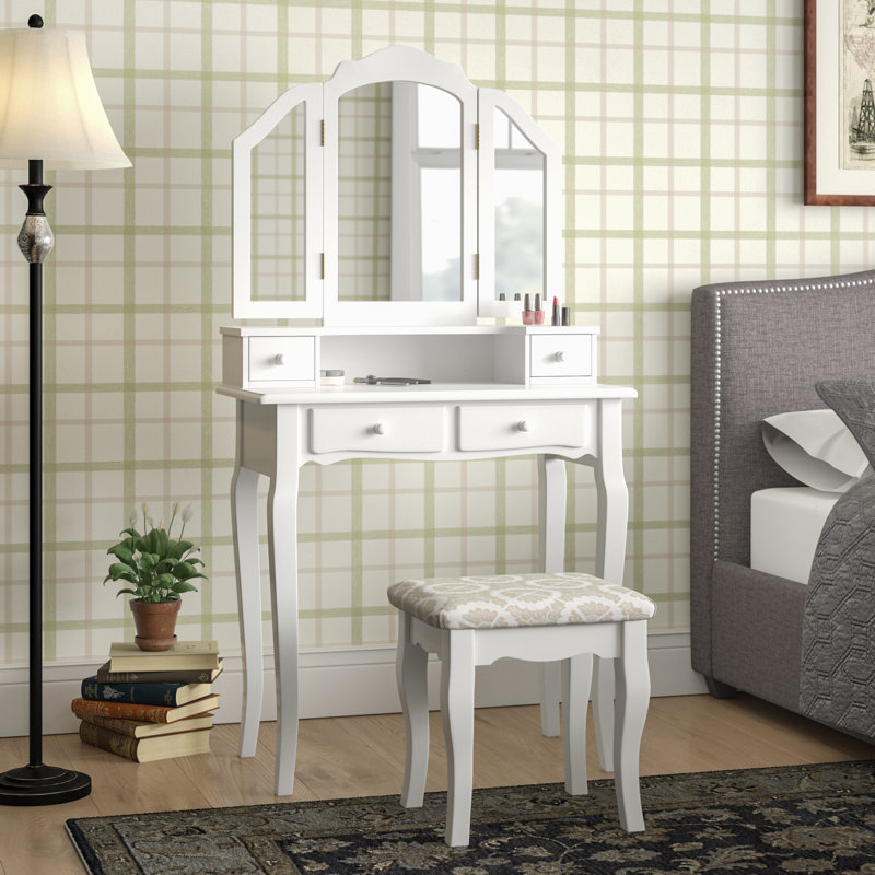 Llanes Solid Wood Vanity Set with Stool and Mirror, White