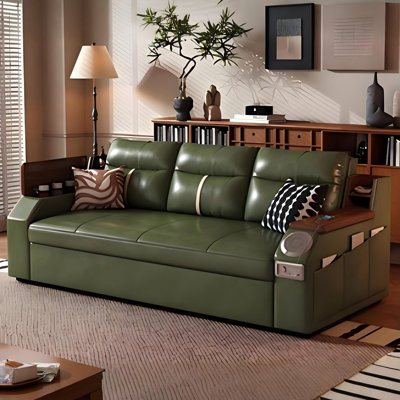 94.49"Green Retro Oil Wax Leather Sofa Bed Can be connected to Bluetooth to play music