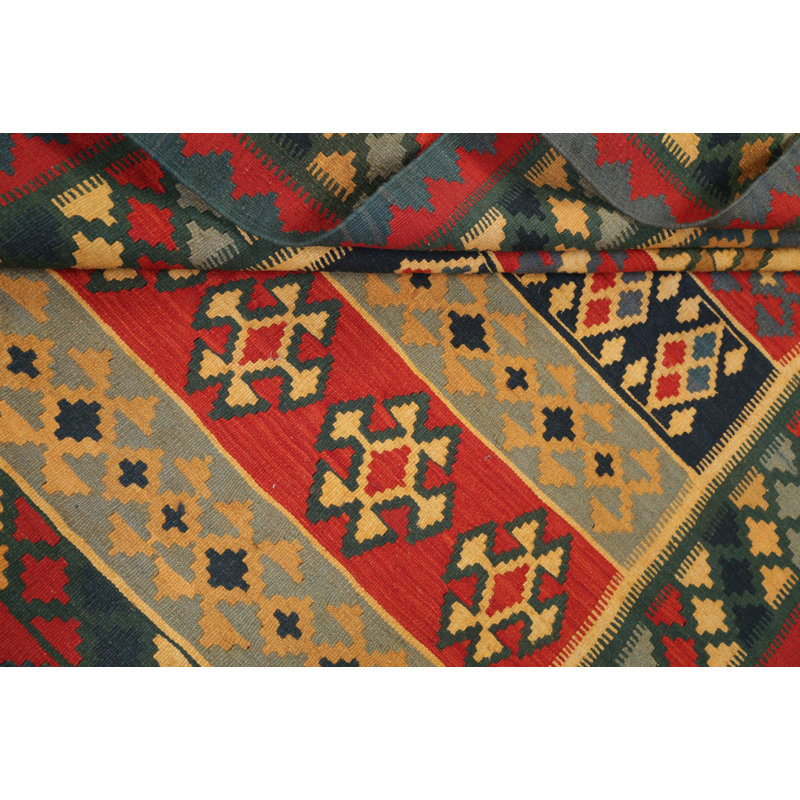 Tapis intérieur en laine vert/rouge 4 pi 1 po x 6 pi à main one-of-kind noué la Kailua