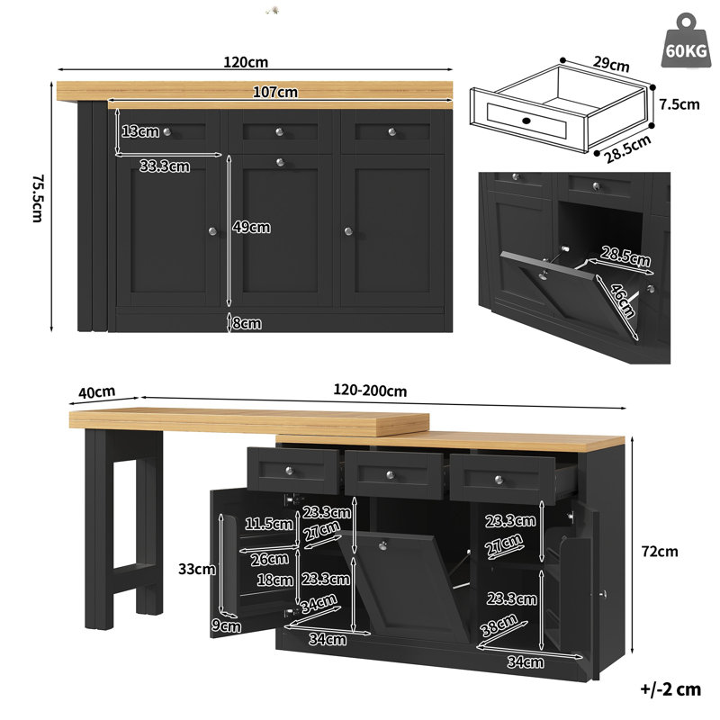 180 cm W Kitchen Island with