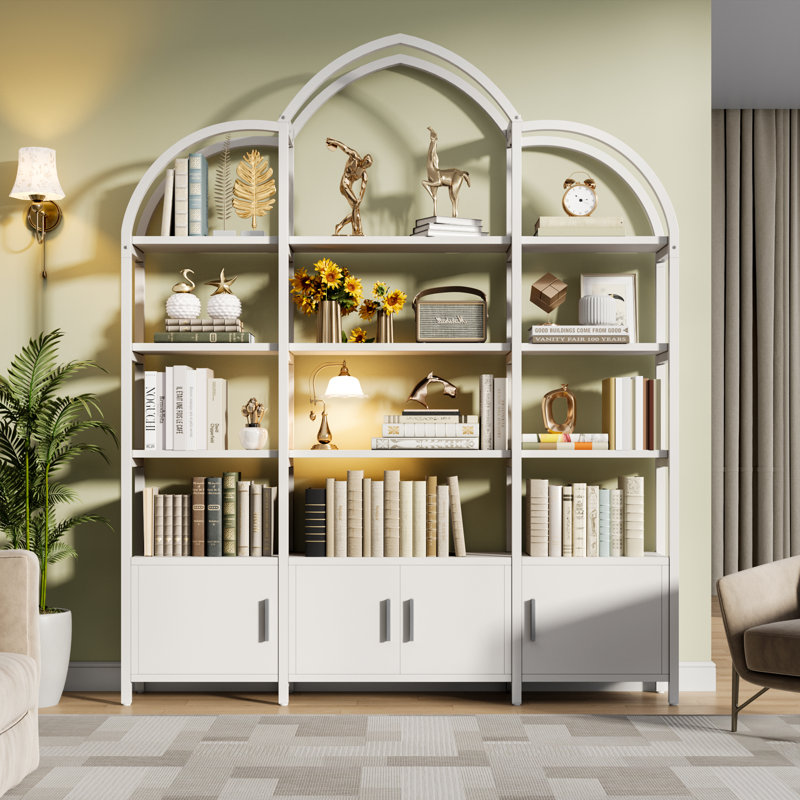 Triple Wide 5 Tier Tall Arched Bookshelf And Bookcase With 3 Cabinets, Industrial Metal Etagere Open Bookshelf, Rustic Wood Standing Book Shelf With Black Metal Frame For Bedroom Living Room, White