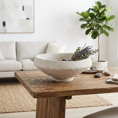 Aesthetic Cement Centerpeice Accent Bowl with Side Handles for Tabletop Use - Modern Decorative Bowl for Dining Table Display - 22", White & Ivory