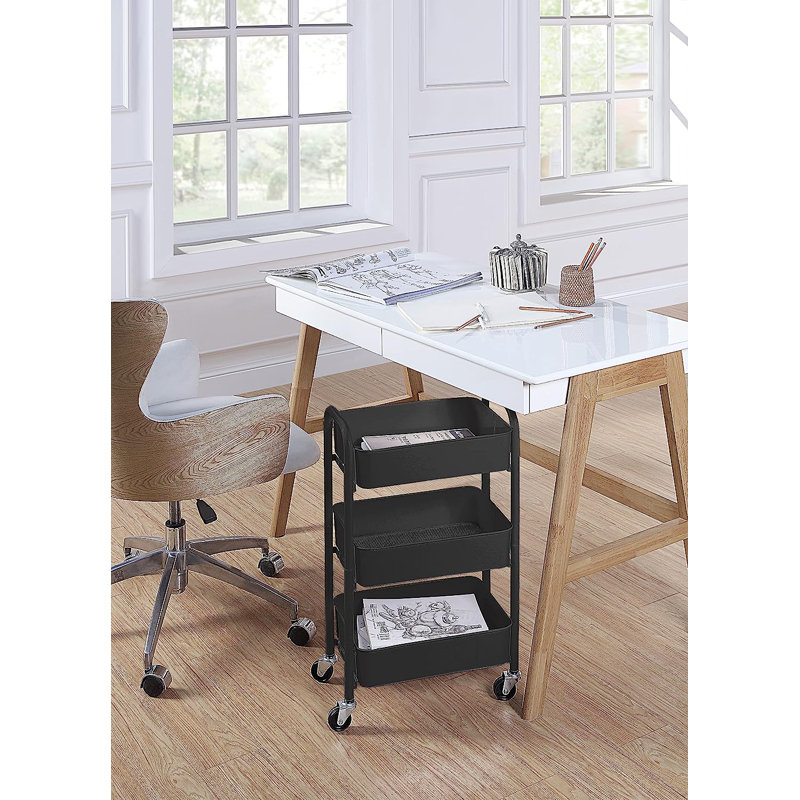 Black Metal 3-Tier Rolling Storage Cart with Caster Wheels