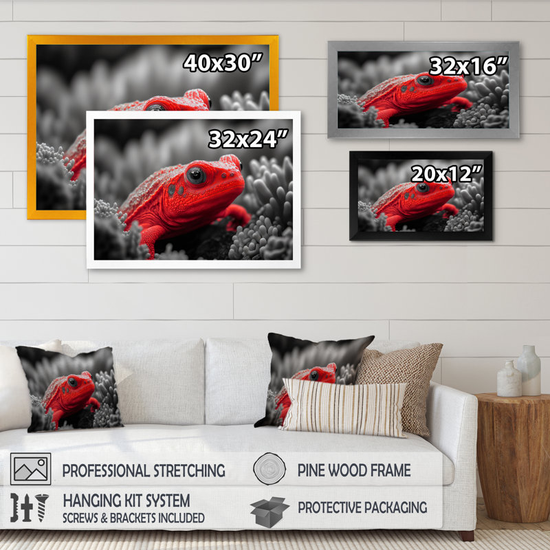Créature sous-marine rouge - art mural bois côtier, H 30 po x l 40 po x P 1,5 po, Encadrement doré