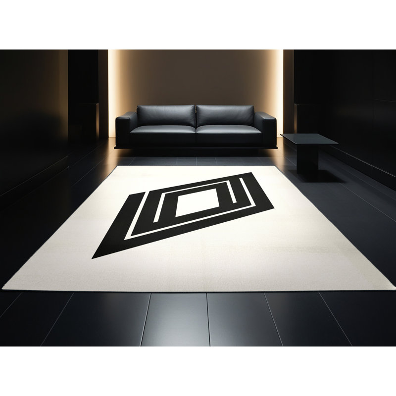 Machine Washable Patrizius Labyrinth Maze Symbol Minimalist Geometric Rug in Beige – Black Binding, 7x10