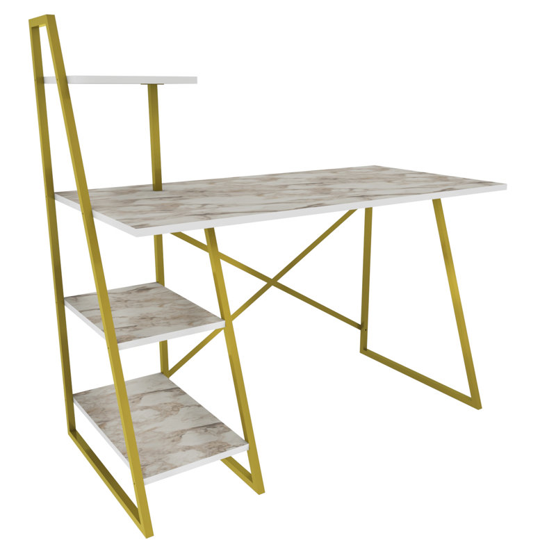 Andersontown 120cm W Rectangular Computer Desk, White Marble and Gold