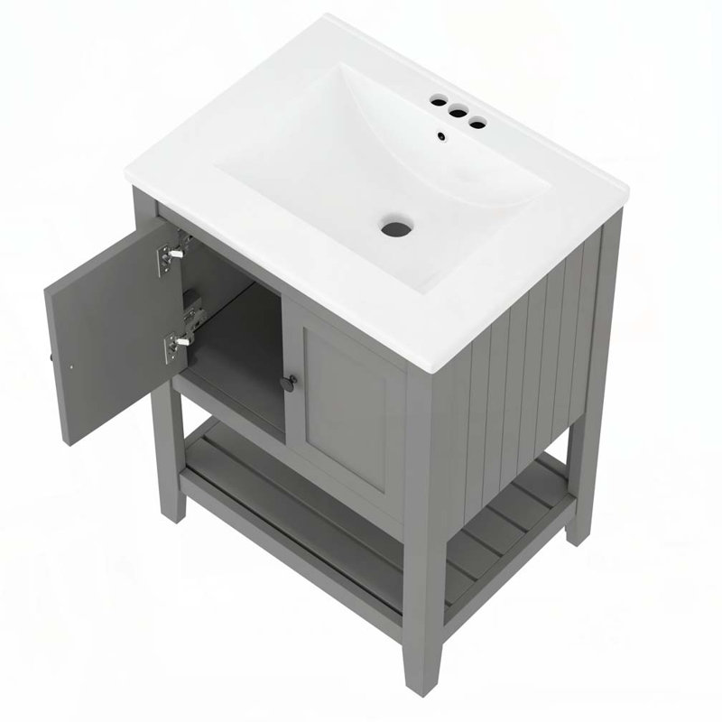 Meuble-lavabo 24 po avec lavabo en céramique et cadre ouvert en bois massif, Gris / Noir
