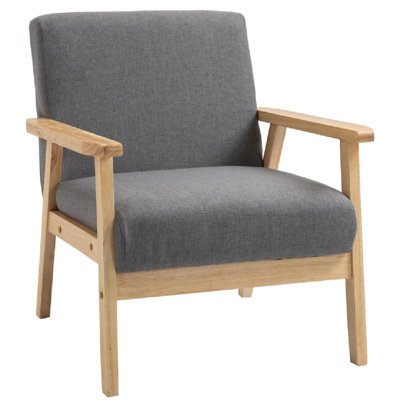 Accent Chair Wood Frame With Thick Linen Cushions Wide Seat Armchair Home Furniture Bedroom Office