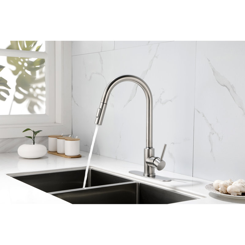 Kitchen Faucet With Pull-Down Spray - Brushed Nickel, Stainless Steel, 360 Rotating Nozzle For User- Water Access, Single Handle Temperature And Flow Management, Corrosion Finish Nickel Pullout