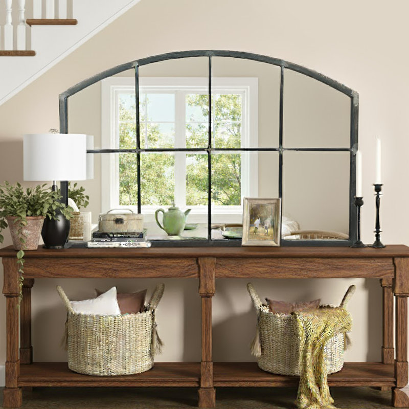 Industrial Arch Windowpane Wall Mirror, 41.3"x27.6", Black Metal Frame Decorative Mirror, Distressed