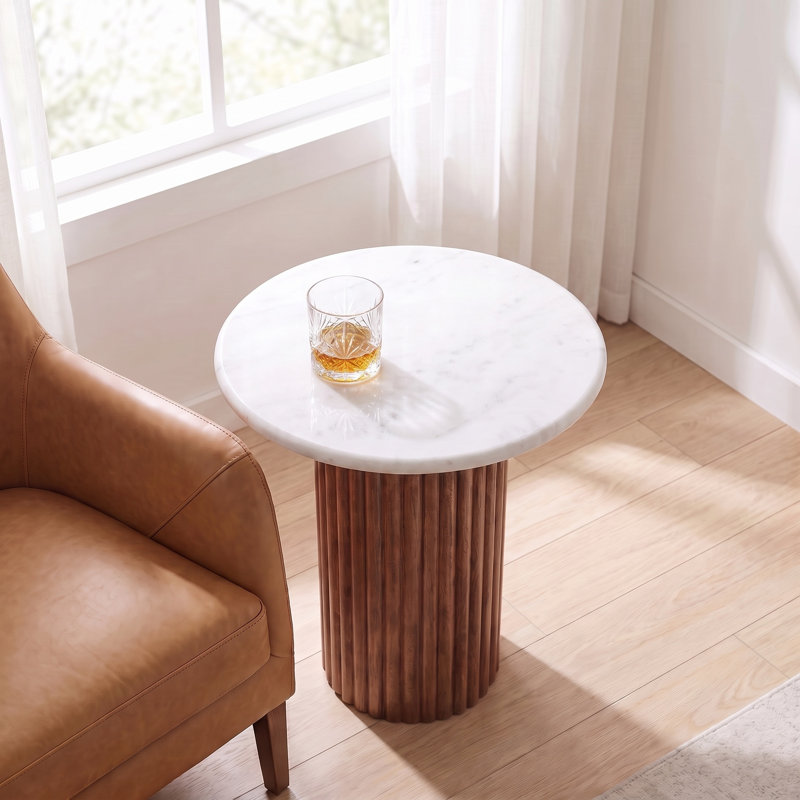 Round Marble Fluted Wood Cylinder Side Table
