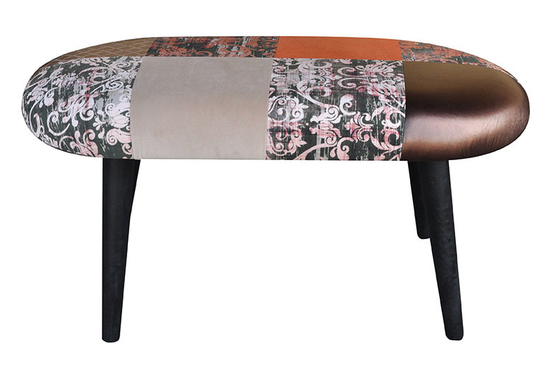 Patchwork Polyester Blend Upholstered Bench, Orange Mix