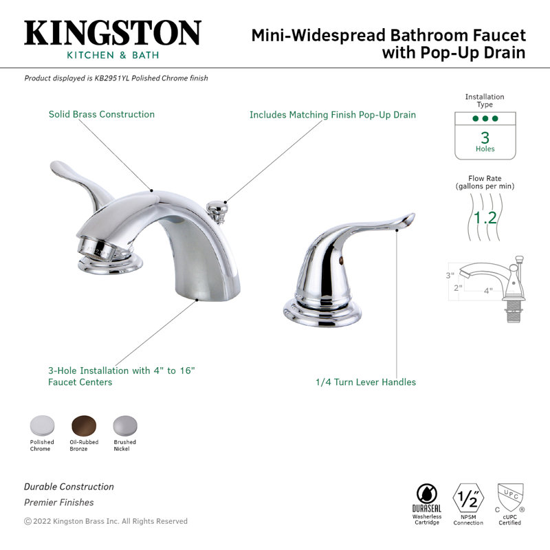 Kingston Brass Yosemite Two-Handle 3-Hole Deck Mount Mini-Widespread Bathroom Faucet with Plastic Pop-Up, Oil Rubbed Bronze