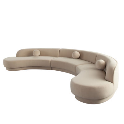 Zema 3 Piece Sofa, Curved Modular Design, Camel Brown Fabric, 3 Ball Pillows