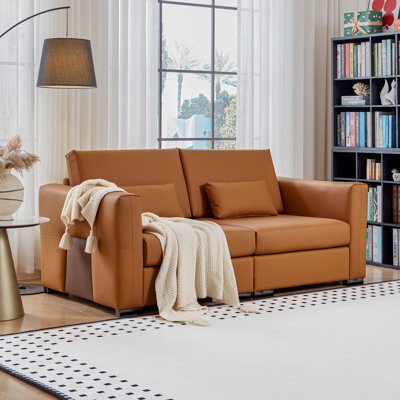 78“ Orange Leather Sofa With 2 Square Pillows, Mid Century Modern Sectional Deep Seat Couch With Metal Legs And Square Armrests, Retro Loveseat For Living Room Bedroom Apartment