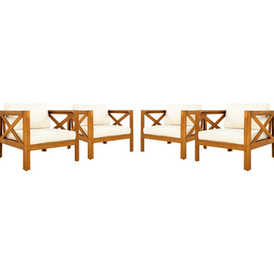 Fauteuil club d'extérieur en bois avec coussins beiges de 4, conversation, confortable et résistant aux intempéries, fauteuil de finition, 4, coussins, finition, sièges, rassemblements, assemblage facile
