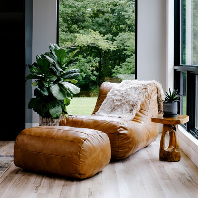 Big Joe Modora Bean Bag Chair Lounger And Ottoman Bundle, Copper Harbour Vegan Leather