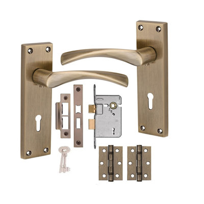 Golden Grace Victorian Design Astrid Lock Handle on Backplate Antique Brass Finish with 3 Lever Lock and Hinges - 150mm x 40mm