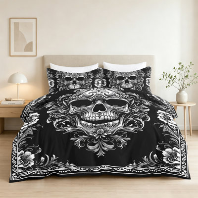 Ensemble de housse de couette style gothique pour grand lit, ensemble de literie 3 pièces pour décoration de chambre à coucher Housse d'édredon rétro en squelette doré avec 1 taie d'oreiller