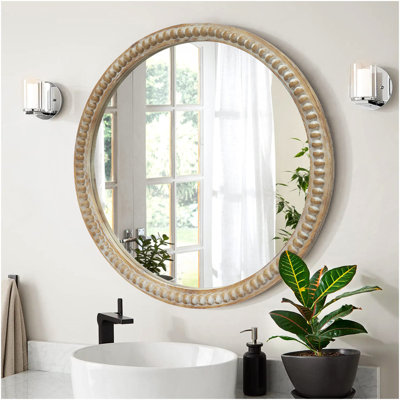 Miroir mural rond rond, miroir à cadre perlé en bois vieilli 31,50 po pour hall d'entrée, salon, salle de bain, miroir décoratif de style maison de campagne