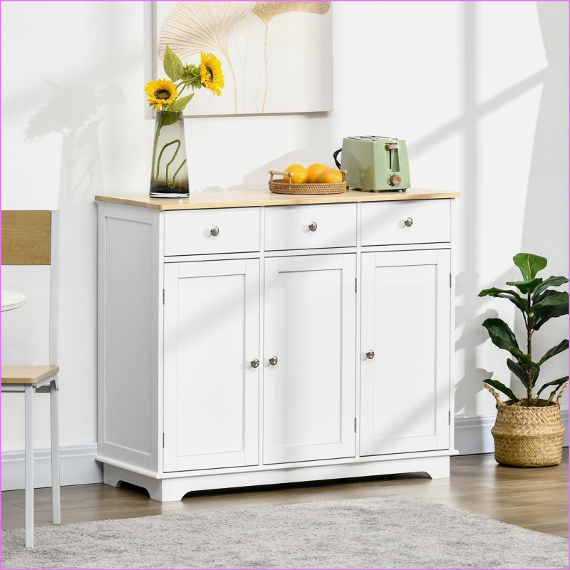 Buffet, armoire de rangement blanche moderne avec plateau en bois d'hévéa massif, 3 tiroirs, 2 portes | Cadre en panneau de fibres à densité moyenne