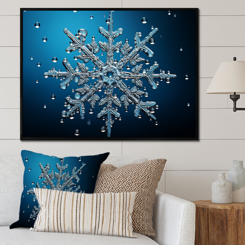 Décoration de flocon de neige bleu II - paysage d'hiver, Cadre flottant noir, H 34 po x l 44 po x P 1,5 po