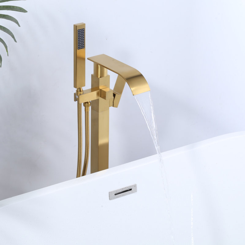 Single-Handle Brass Freestanding Tub Faucet With Handheld Shower, Waterfall Floor Mount Bathtub Filler, Gold