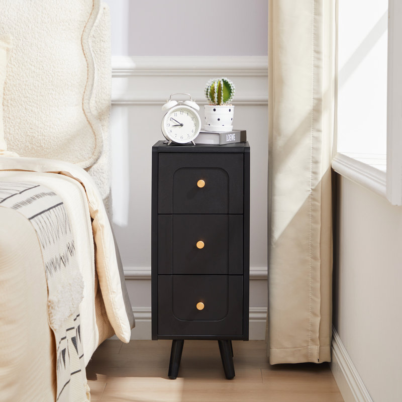 Narrow End Table With 3 Deep Drawers, Black