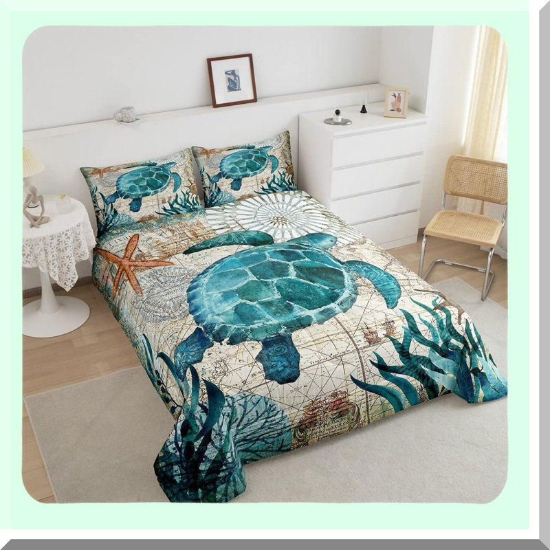 Ocean Breeze Turtle Comforter Set - Teal Turquoise Themed Mediterranean Design - Quilted Duvet Set with 2 Pillowcases - Size 1 Comforter - Down Alternative