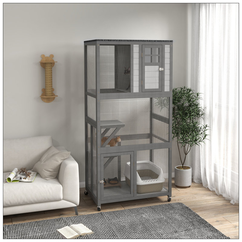 Maison de chat d'extérieur en bois de 74 pouces avec toit et roues résistant aux intempéries, cage de chaton de grande capacité