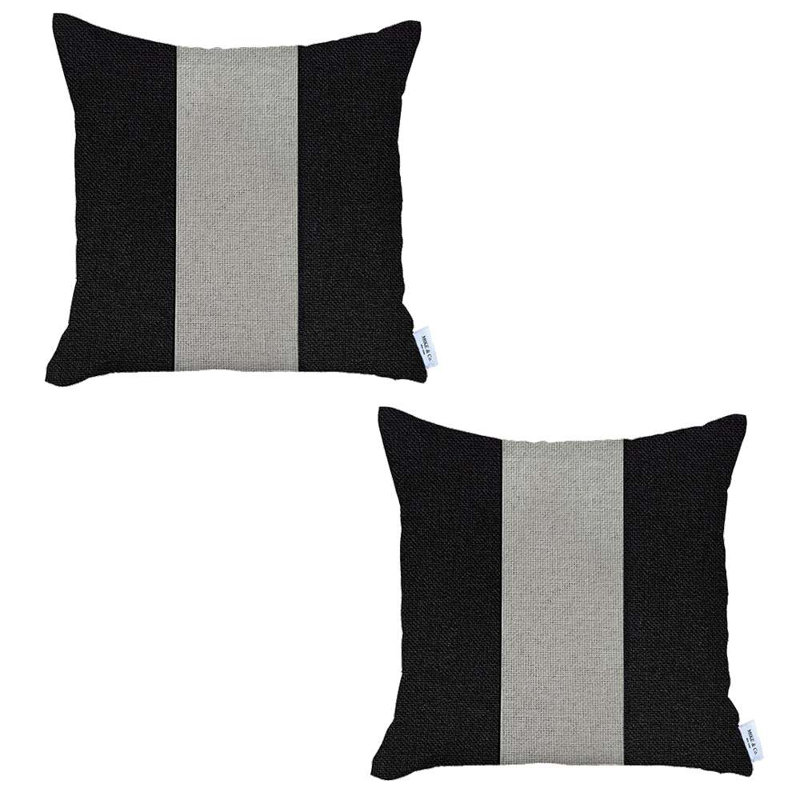 Handcrafted Black and Ivory Polyester Euro Throw Pillow Covers, 18 x 18 in, Set of 2